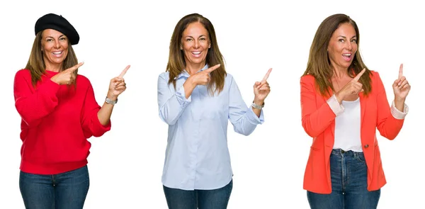 Colagem Bela Mulher Meia Idade Sobre Fundo Isolado Branco Sorrindo — Fotografia de Stock