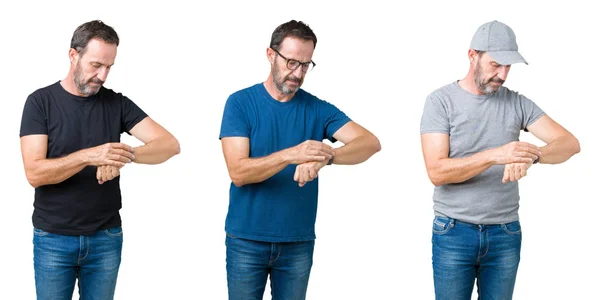 Colagem Homem Sênior Bonito Sobre Fundo Isolado Branco Verificando Tempo — Fotografia de Stock