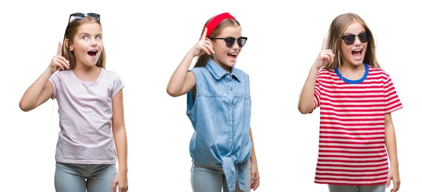 Collage Young Little Girl Kid Wearing Sunglasses Isolated Background Pointing — Stock Photo, Image