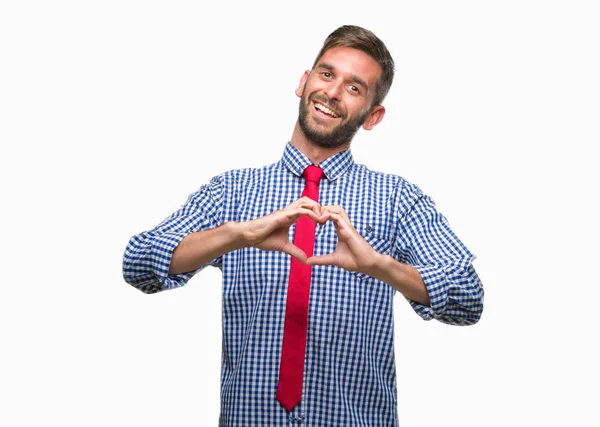 Jonge Knappe Zakenman Geïsoleerde Achtergrond Glimlachend Liefde Met Hartsymbool Vorm — Stockfoto