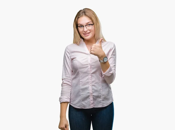 Young Caucasian Business Woman Wearing Glasses Isolated Background Doing Happy — Stock Photo, Image