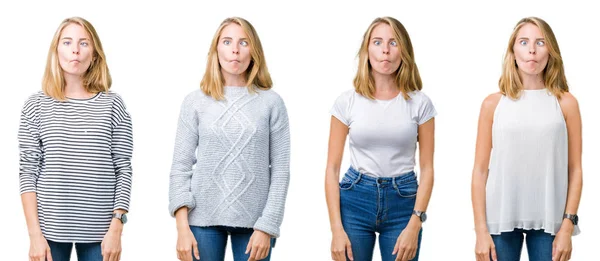 Collage Von Schönen Blonden Frau Über Weißen Isolierten Hintergrund Macht — Stockfoto