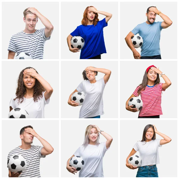 Colagem Grupo Jovens Segurando Bola Futebol Sobre Fundo Isolado Estressado — Fotografia de Stock