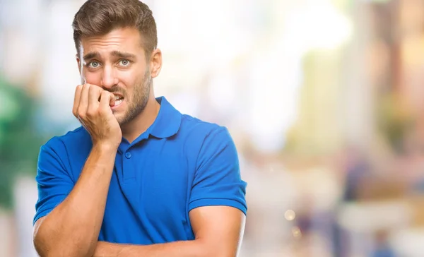 Young Handsome Man Isolated Background Looking Stressed Nervous Hands Mouth — Stock Photo, Image