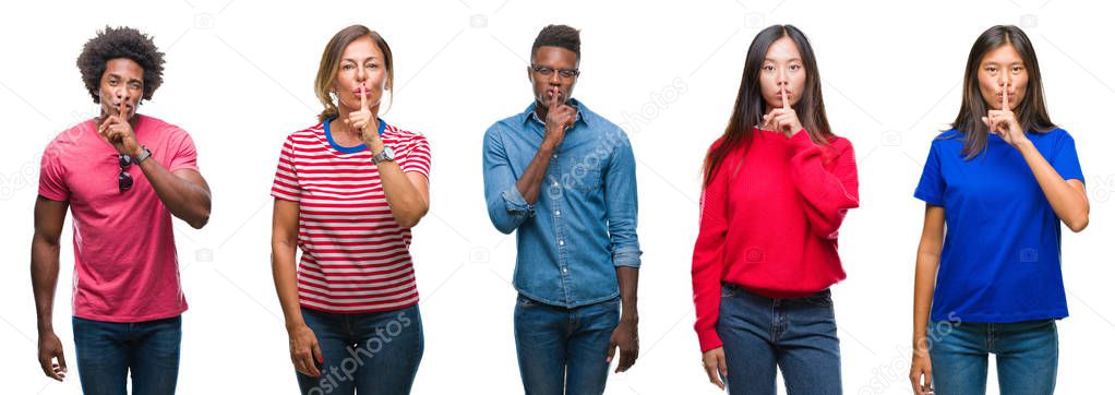 Composition of african american, hispanic and chinese group of people over isolated white background asking to be quiet with finger on lips. Silence and secret concept.