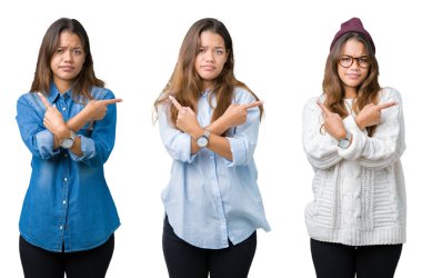 Kolaj izole arka plan üzerinde güzel genç kadının her iki parmak ile işaret eden, farklı yönde katılmıyorum