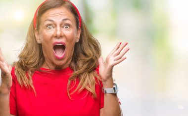 Orta yaş üst düzey İspanyol kadın deli kutluyor arka plan izole ve başarı için kaldırdı kollarını açarak hayrete ve heyecanlı çığlık gözleri açık. Kazanan kavramı