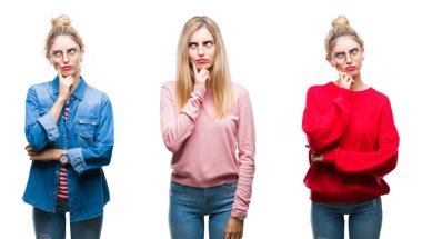 Kolaj genç güzel sarışın kadının çene düşünme hakkında soru, dalgın ifade üzerine el ile izole arka plan üzerinde. Düşünceli yüzüyle gülümsüyor. Şüphe kavramı.