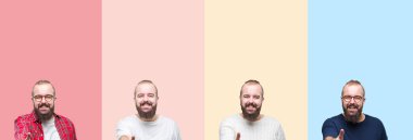 Kolaj üzerinde renkli çizgili sakallı genç adam bir arka plan olarak tebrik ve konuksever dost sunan karşılıklı gülümseyen izole. Başarılı iş.