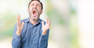 İzole arka plan çılgın ve kızgın bağırarak ve agresif ifade ve silah kaldırdı bağırmaya yakışıklı orta yaş zarif komuta sizde. Hayal kırıklığı kavramı.