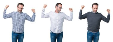 Yakışıklı üst düzey iş adamı gururlu gülümseyen kol kasları gösterilen beyaz izole arka plan üzerinde kolaj. Fitness kavramı.