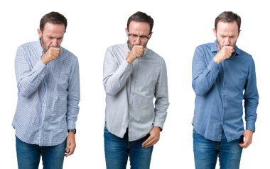 Kolaj yakışıklı üst düzey iş adamı üzerinde beyaz bir arka plan duygu hasta ve öksürük semptom olarak soğuk veya bronşit için izole. Sağlık kavramı.