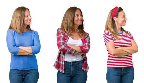 Collage Smuk Midaldrende Kvinde Isoleret Baggrund Smilende Kigger Til Siden - Stock-foto