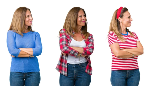 Collage Van Mooie Middelbare Leeftijd Vrouw Geïsoleerde Achtergrond Glimlachend Zoek — Stockfoto