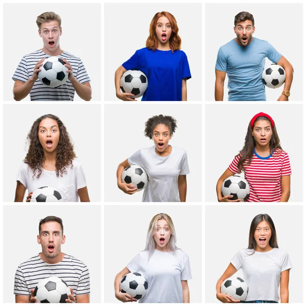 Kolaż Grupy Młodych Ludzi Posiadających Piłki Nożnej Białym Tle Przestraszony — Zdjęcie stockowe