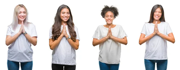 中国語 アラブ アフリカ系アメリカ人の女性両手一緒に自信を持って笑って許しを求めて祈って分離の背景の上のグループのコラージュ — ストック写真