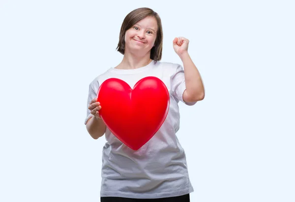 Junge Erwachsene Frau Mit Syndrom Hält Rotes Herz Über Isoliertem — Stockfoto