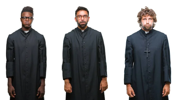 Collage Hombres Sacerdotes Cristianos Sobre Fondo Aislado Hinchando Mejillas Con —  Fotos de Stock
