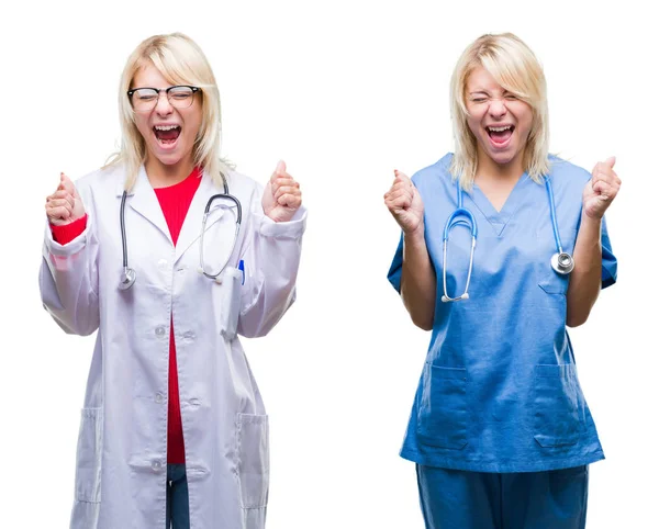 腕の成功のために興奮して白い分離背景に医師や看護師の女性のコラージュは 祝う勝利笑顔を発生します 勝者の概念 — ストック写真