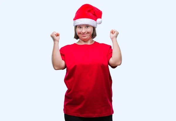 Mujer Adulta Joven Con Síndrome Con Sombrero Navidad Sobre Fondo —  Fotos de Stock