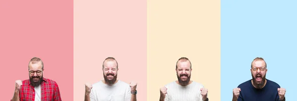 Collage Van Jonge Man Met Baard Kleurrijke Strepen Geïsoleerde Achtergrond — Stockfoto