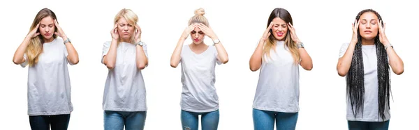 Collage Grupo Hermosa Mujer Con Camiseta Blanca Casual Sobre Fondo —  Fotos de Stock