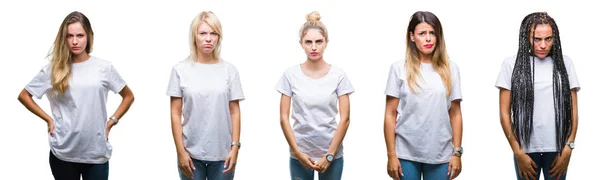 Collage Group Beautiful Woman Wearing Casual White Shirt Isolated Background — Stock Photo, Image