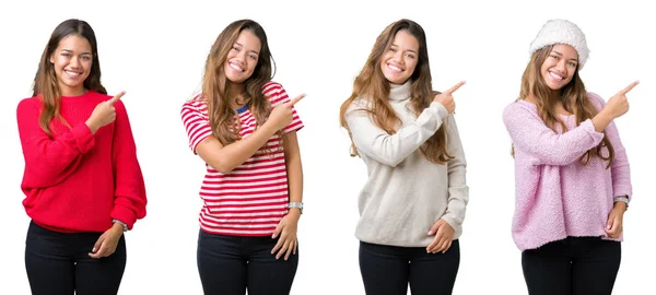 Collage Vackra Unga Kvinnan Över Isolerade Bakgrund Glada Med Ett — Stockfoto