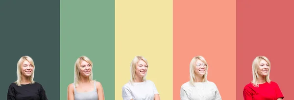 Collage Beautiful Blonde Woman Vintage Isolated Background Looking Away Side — Stock Photo, Image