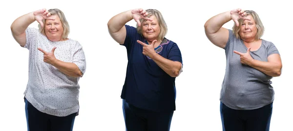 Collage Senior Fat Woman Isolated Background Smiling Making Frame Hands — Stock Photo, Image