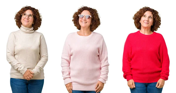Collage Mujer Mayor Mediana Edad Vistiendo Suéter Invierno Sobre Fondo —  Fotos de Stock