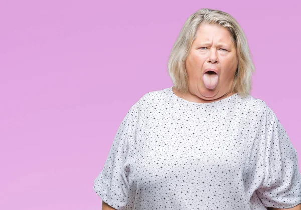 Senior Size Caucasian Woman Isolated Background Sticking Tongue Out Happy — Stock Photo, Image