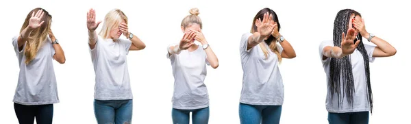 Collage Gruppen Vacker Kvinna Bär Casual Vit Shirt Över Isolerade — Stockfoto