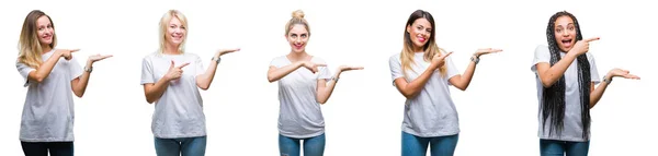 놀라게 손으로 손가락으로 가리키는 카메라에 캐주얼 티셔츠를 여자의 그룹의 콜라주 — 스톡 사진