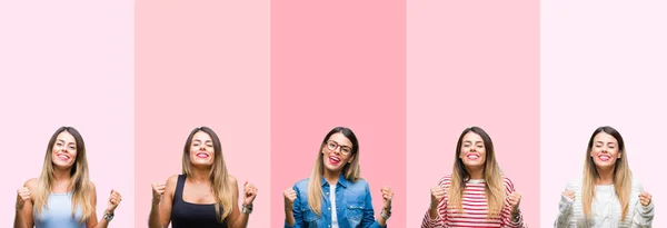 Collage Mujer Hermosa Joven Sobre Rayas Rosadas Fondo Aislado Emocionado —  Fotos de Stock