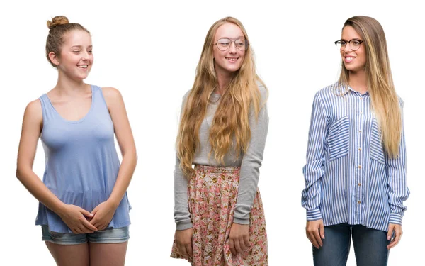 Collage Van Groep Blonde Vrouwen Geïsoleerde Achtergrond Zoek Weg Aan — Stockfoto