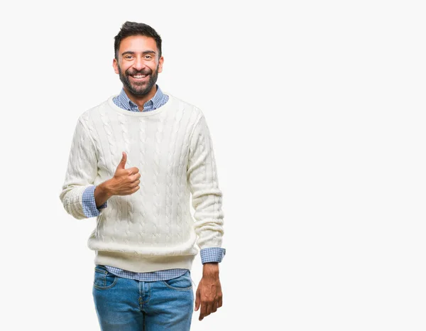 Homem Hispânico Adulto Vestindo Camisola Inverno Sobre Fundo Isolado Fazendo — Fotografia de Stock