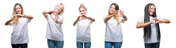 Collage Einer Gruppe Schöner Frauen Lässigem Weißem Shirt Vor Isoliertem — Stockfoto