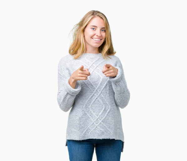 Schöne Junge Frau Winterpullover Über Isoliertem Hintergrund Die Mit Dem — Stockfoto