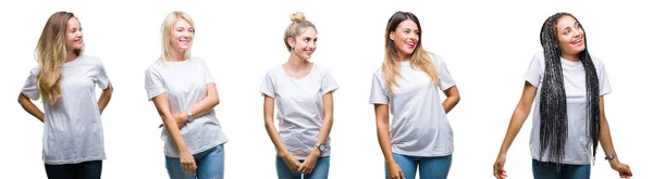 Collage Grupo Hermosa Mujer Vistiendo Casual Camiseta Blanca Sobre Fondo —  Fotos de Stock