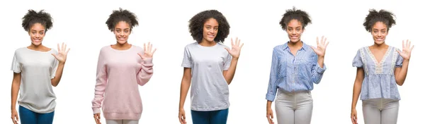 非洲裔美国人妇女在独立背景的拼贴画显示和指向与手指数字五同时微笑自信和快乐 — 图库照片