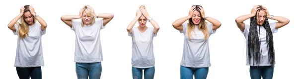 Colagem Grupo Mulher Bonita Vestindo Camiseta Branca Casual Sobre Fundo — Fotografia de Stock