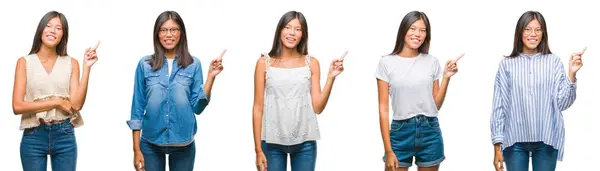 Kolaż Chińskich Asian Kobieta Białym Tle Wielkim Uśmiechem Twarzy Wskazując — Zdjęcie stockowe
