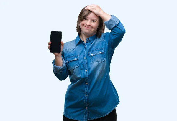 Young Adult Woman Syndrome Showing Smartphone Screen Isolated Background Stressed — Stock Photo, Image