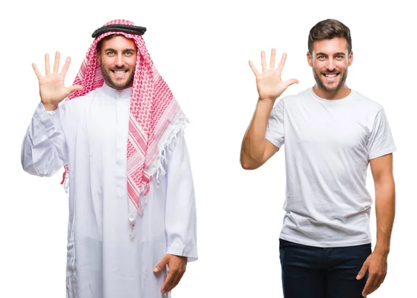 ハンサムな若い男と分離の背景表示と指で上向きにアラブ人のコラージュ数は自信を持って 幸せな笑みを浮かべている間 — ストック写真