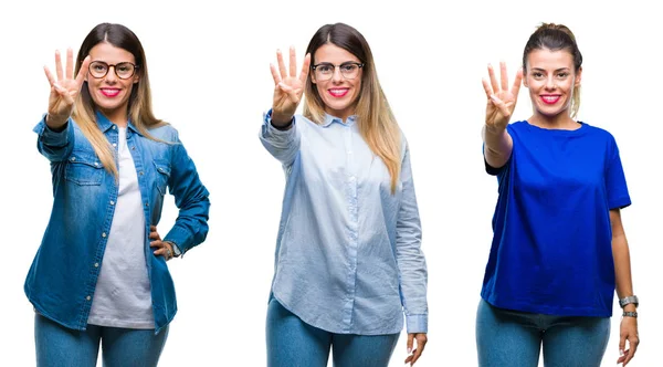 Collage Joven Hermosa Mujer Con Gafas Sobre Fondo Aislado Mostrando — Foto de Stock