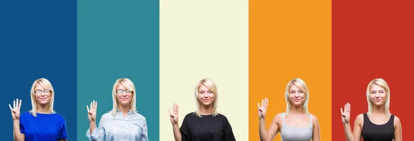 Collage Beautiful Blonde Woman Colorful Vintage Isolated Background Showing Pointing — Stock Photo, Image