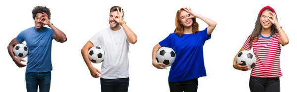 Colagem Pessoas Segurando Bola Futebol Sobre Fundo Isolado Com Rosto — Fotografia de Stock