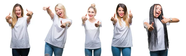 Collage Gruppen Vacker Kvinna Bär Casual Vit Shirt Över Isolerade — Stockfoto