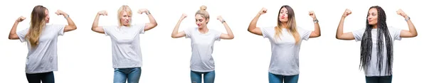 一群美丽的女人穿着休闲的白色 T恤在孤立的背景显示手臂肌肉微笑自豪 健身理念 — 图库照片